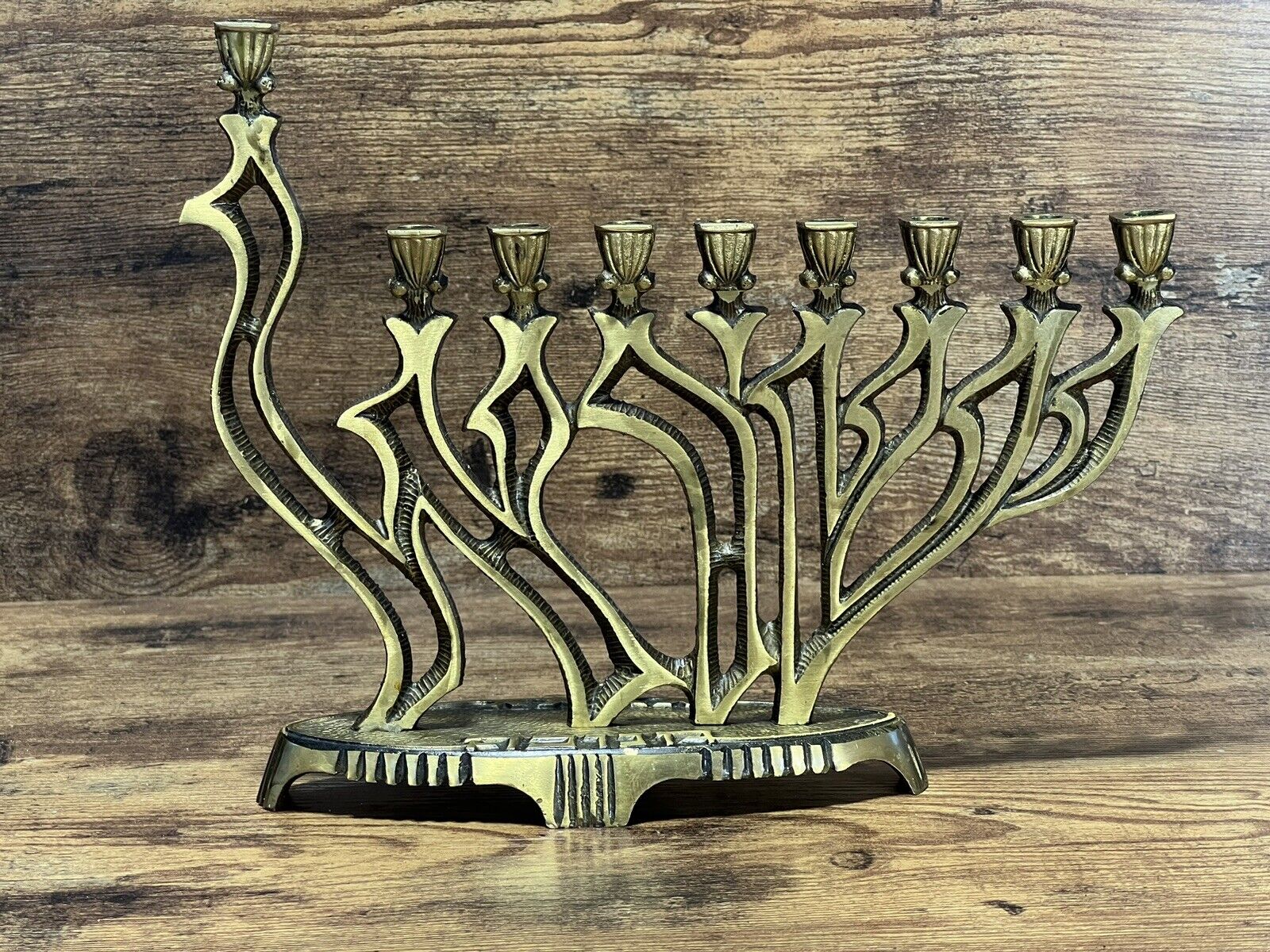 VINTAGE-Judaica Hanukkah Menorah-Brass Candle Holder-OPPENHEIM ISRAEL-8”H x 10”L
