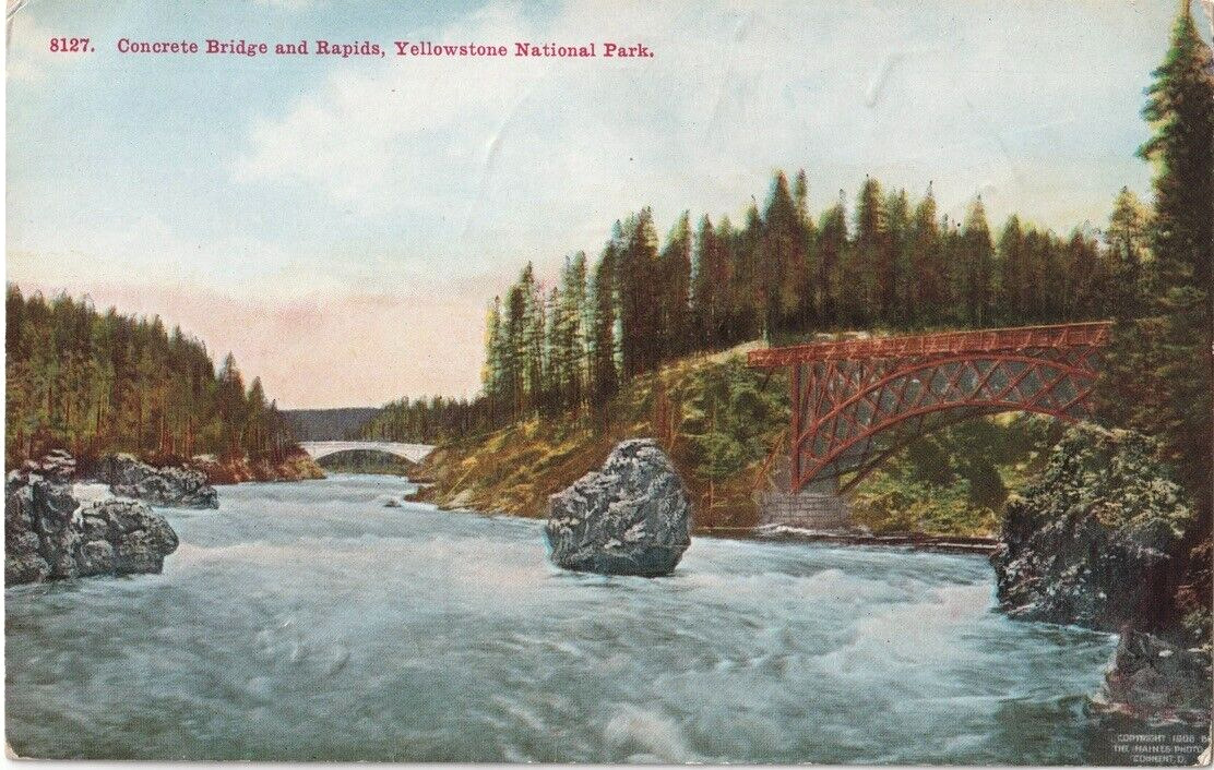 Concrete Bridge and Rapids-Yellowstone National Park, Wyoming WY-1908 antique