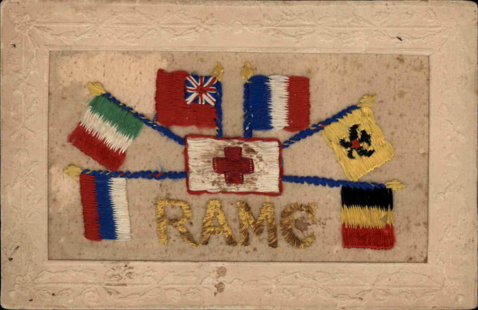 Silk Embroidered WWI Patriotic Flags RAMC Royal Army Medical Corps Postcard