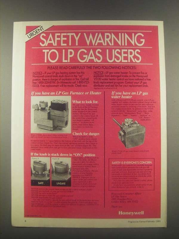1985 Honeywell LP Gas Controls Ad - Safety Warning