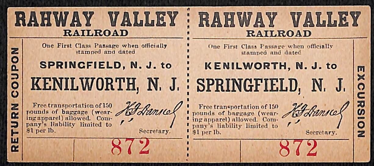 Rahway Valley Railroad NOS Ticket Springfield Kenilworth, NJ Dankel (1905-1913)