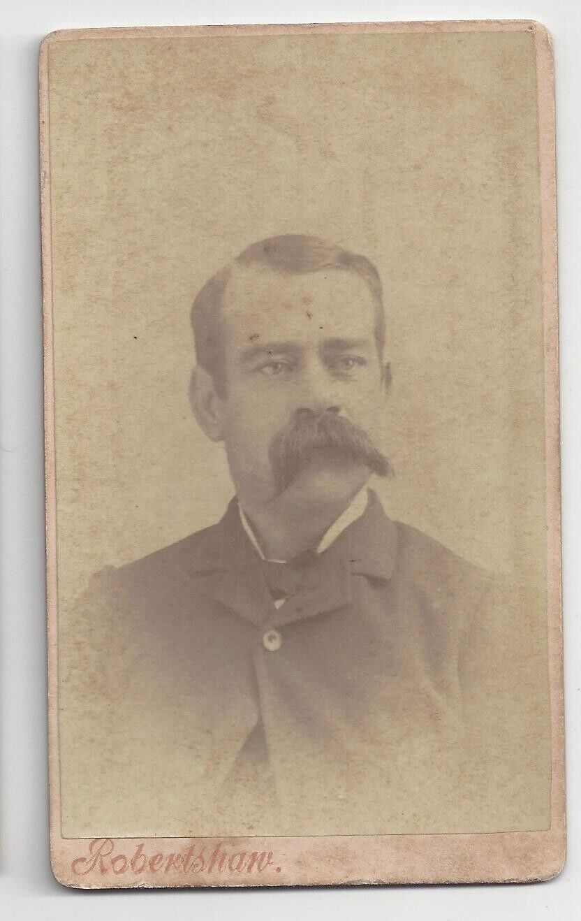Antique CDV Photo Man with Right Side Hair Part Big Bushy Mustache Robertshaw