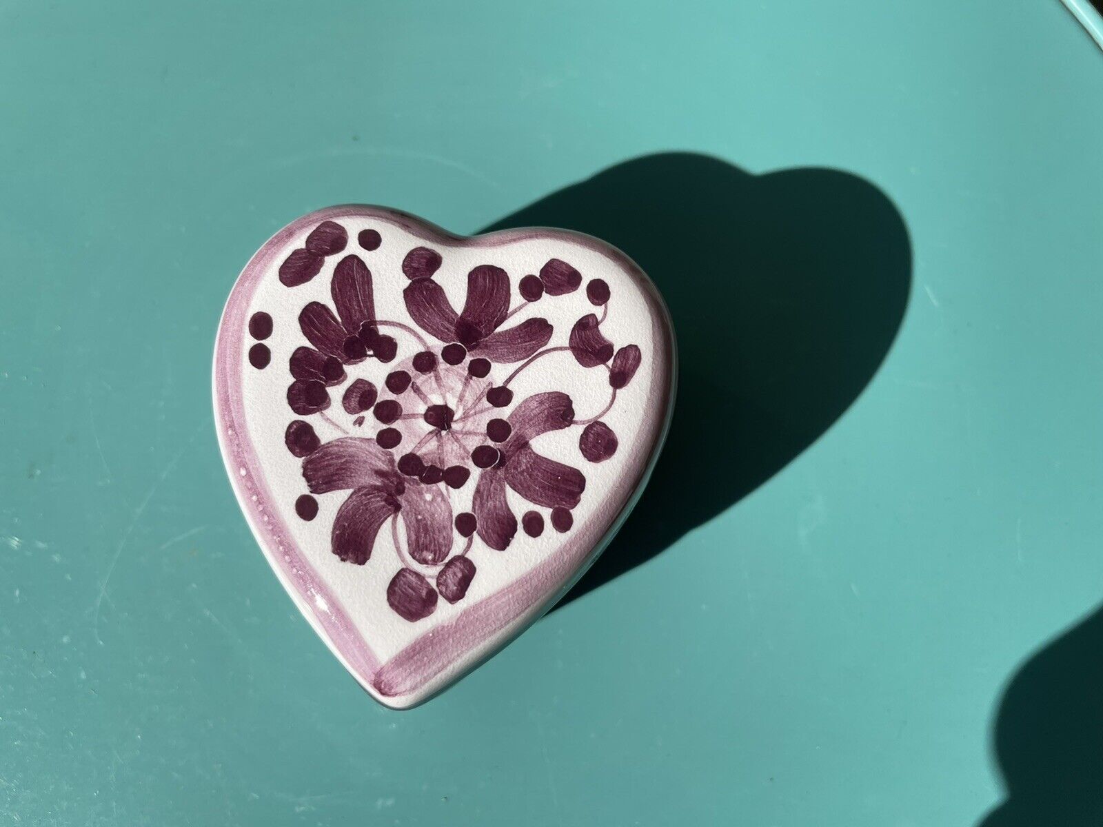 Vintage Purple Floral Heart Porcelain Hand Painted Trinket Jewelry Box Italy
