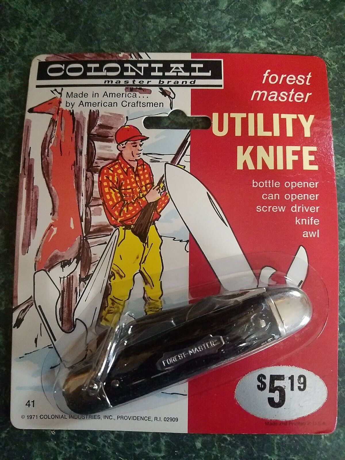RARE VINTAGE 1971 COLONIAL USA FOREST MASTER UTILITY  POCKET KNIFE. Original pkg
