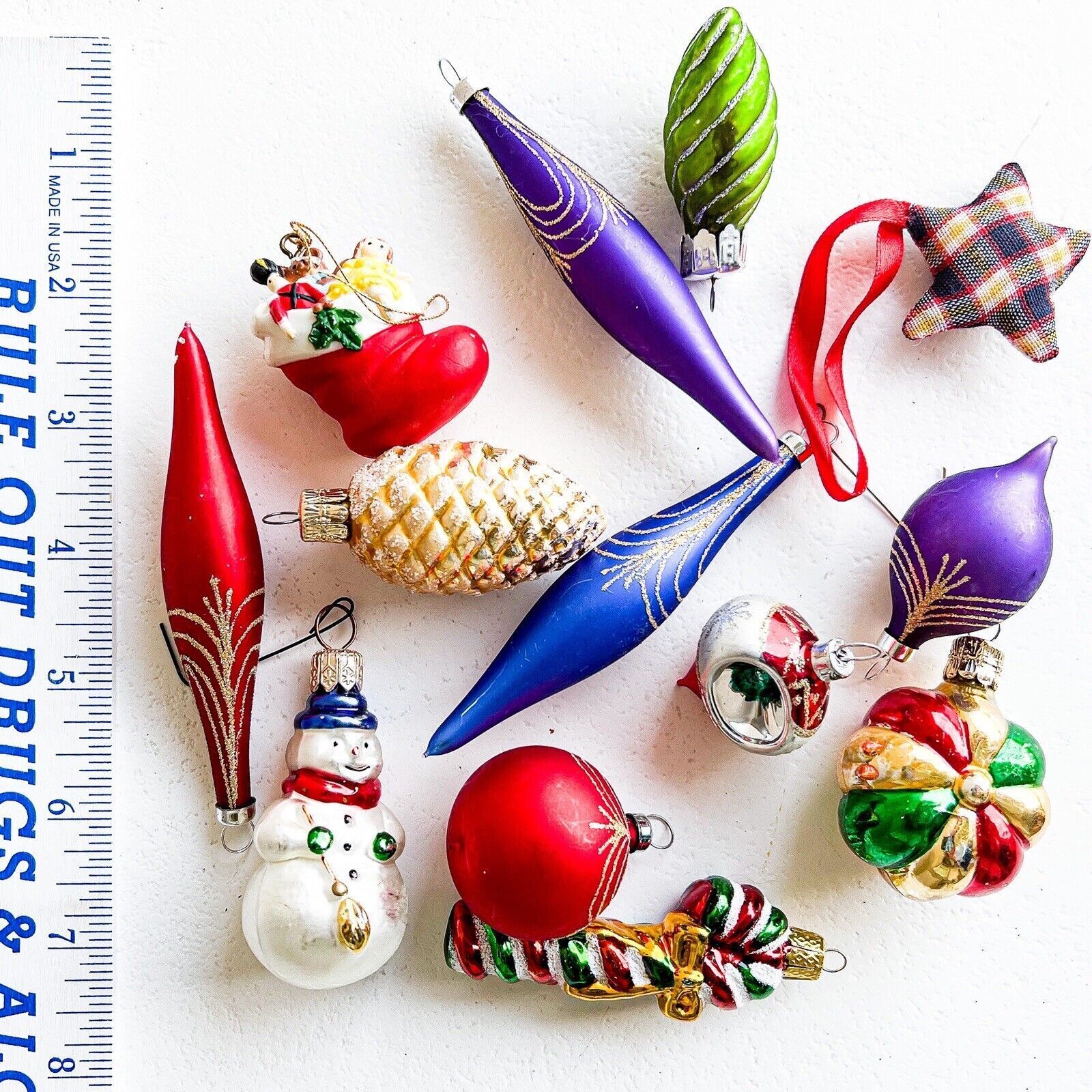 Christmas Tree Glass Ornaments Vintage Small 2”-4”Lot Of 11 + 2 (PVC, Cloth)