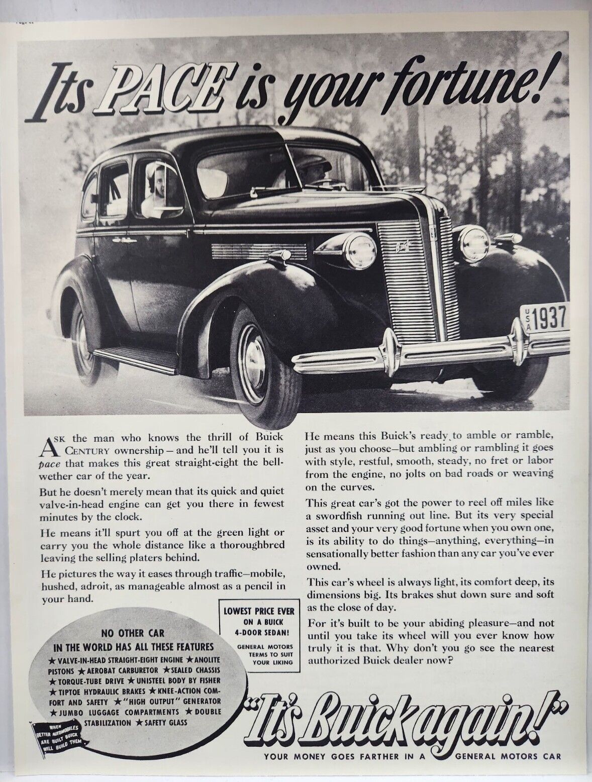 1937 Buick 4 Dr Sedan Vintage Print Ad Man Cave Poster Art 30s