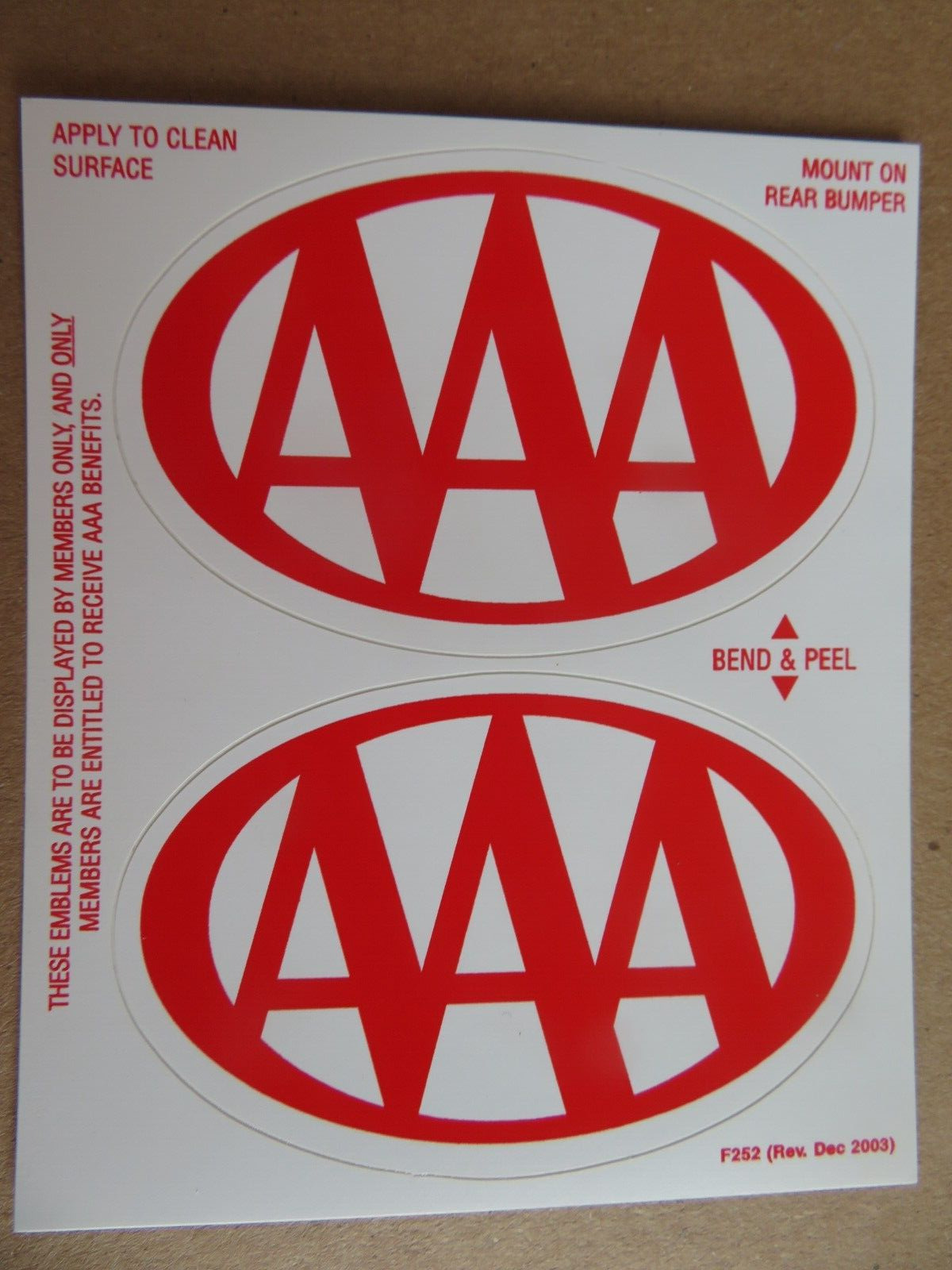 AAA Automobile Club NEW Rear Bumper Decal Stickers Lot of 2 - Fast 