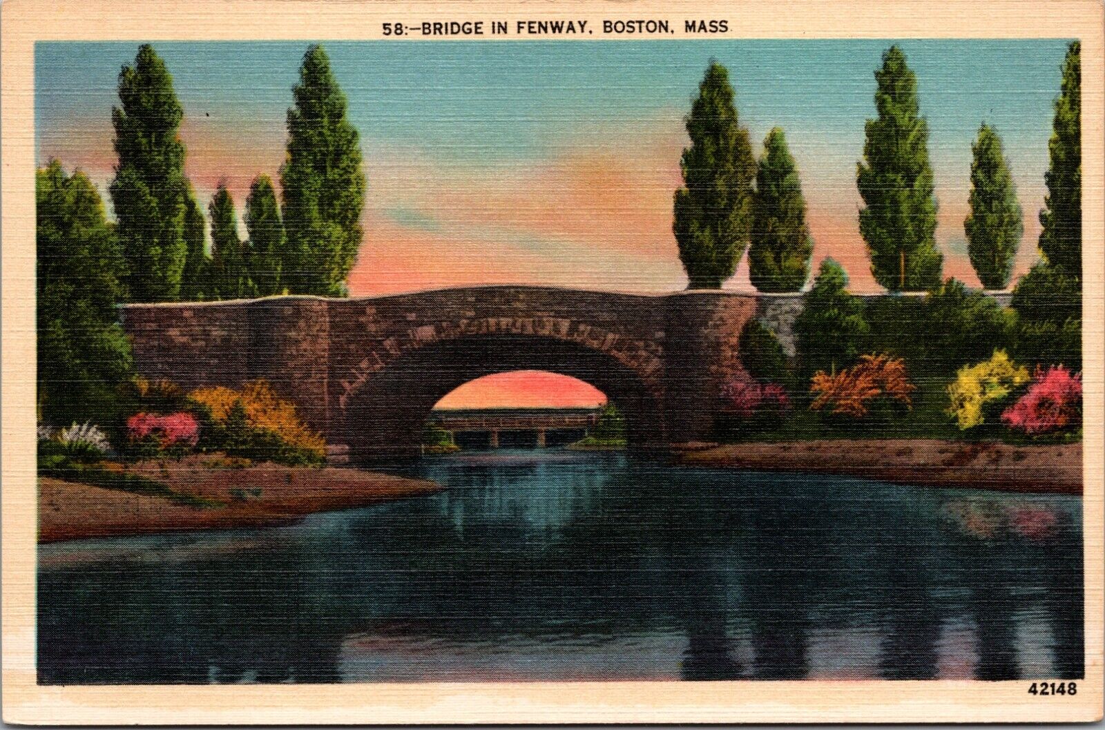 Boston MA Bridge Fenway Evening View Back Bay Fens Pink Plants Linen Postcard 