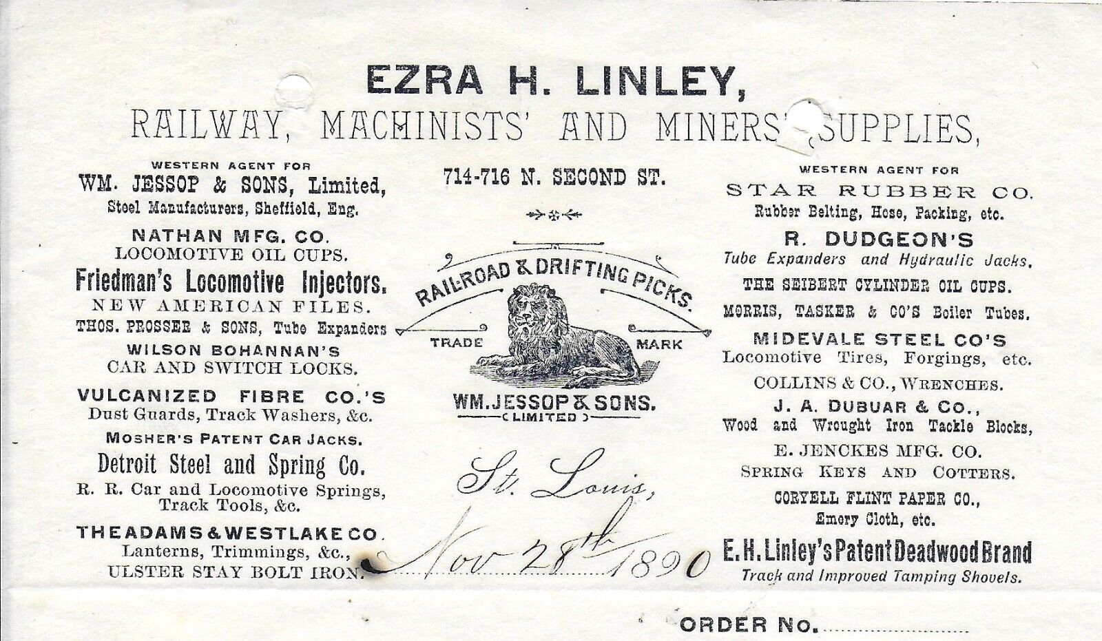 Used Billhead from Ezra Linley’s Railway, Machine & Mine Supply Co – St Louis 18