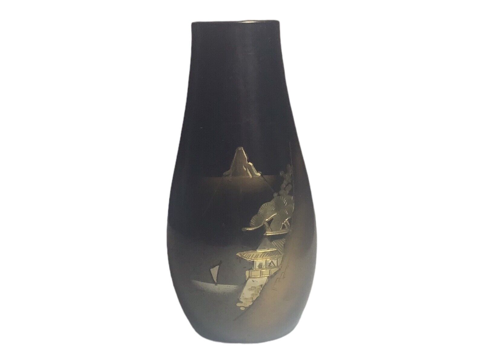 Vintage Japanese CHOKIN Etched Black & Gold Mixed Metal Vase Pagoda & Mount Fuji