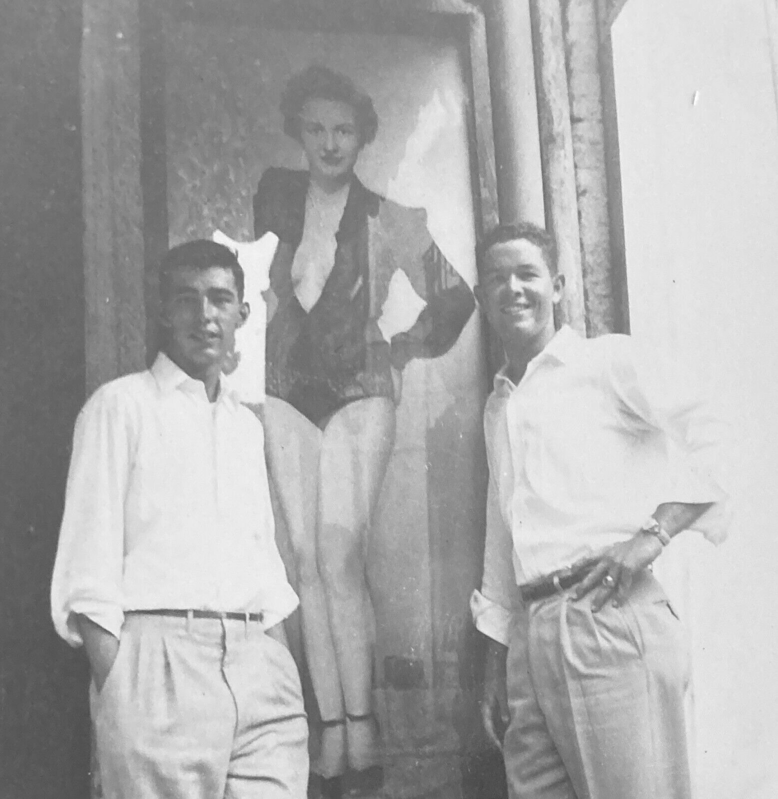 Vintage 1950s Photo Two Handsome Young Men Posing Beside Pinup Girl Poster