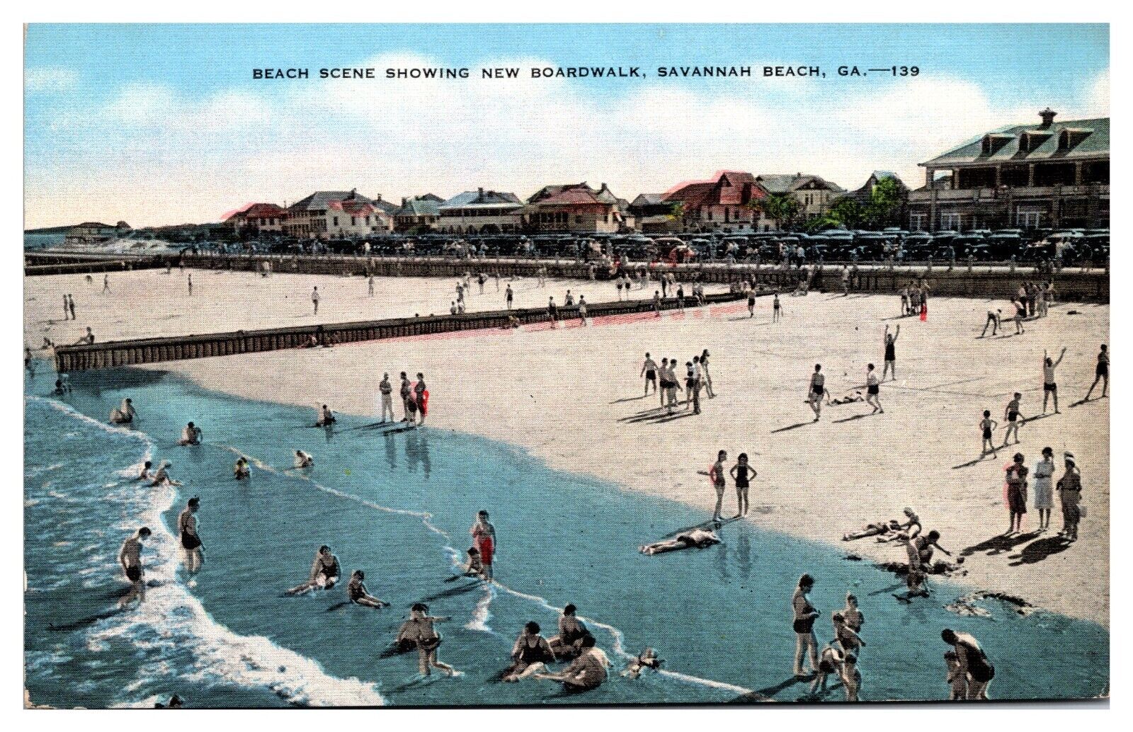 VTG Beach Scene Showing New Boardwalk, Beachgoers, Swimming, Savannah Beach, GA