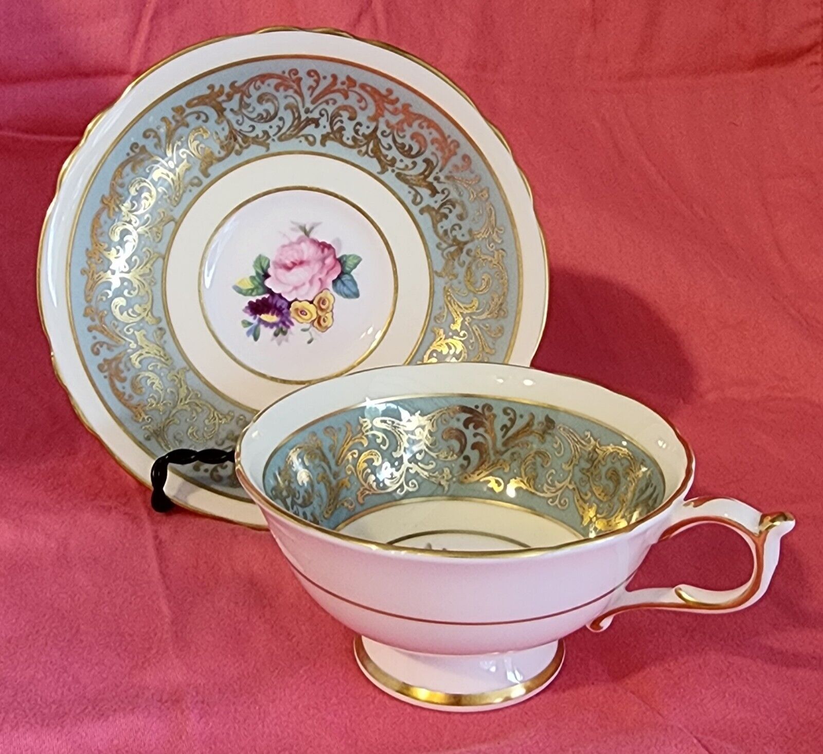 Vtg Paragon by Appointment Mint Green Tea Cup & Saucer Rose Floral Heavy Gold 
