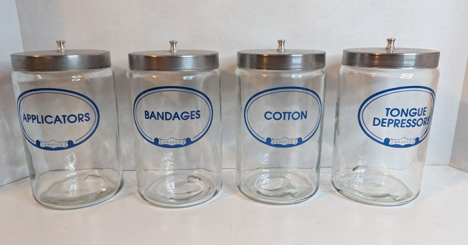 GRAFCO Glass Medical Jars 70s Vintage Doctors Office Glass Canisters - Set of 4