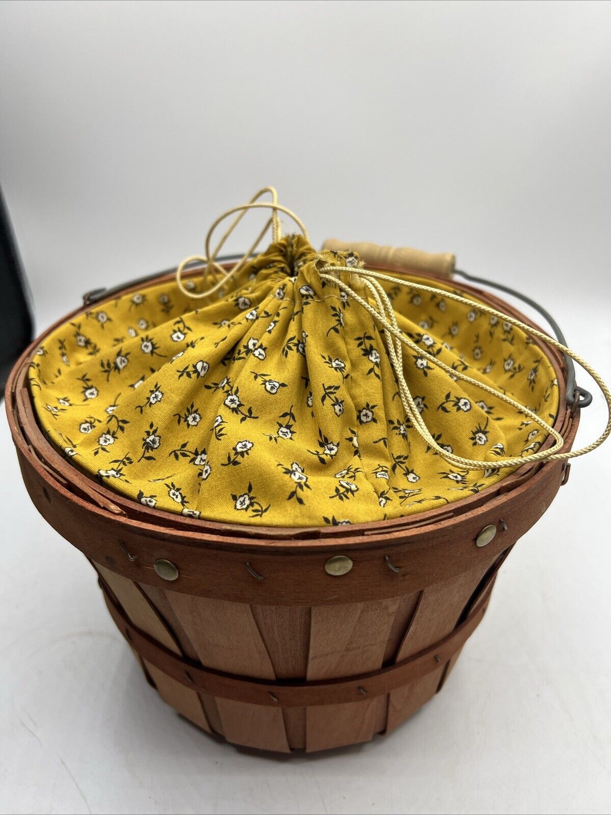 Mid Century Fabric Lined Apple Bushel Harvest Basket With Handle Vintage