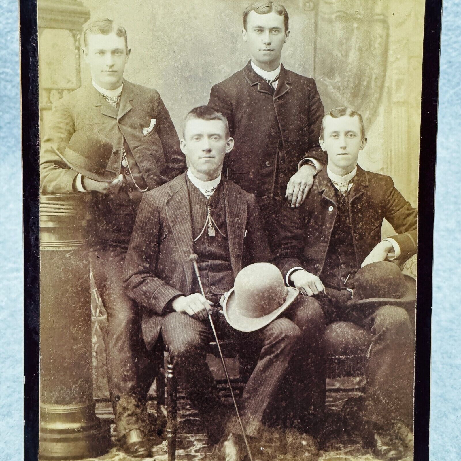 4 Dapper Men Bowler Hat Walking Stick C 1880s Chicago Perry Varney Cabinet Card