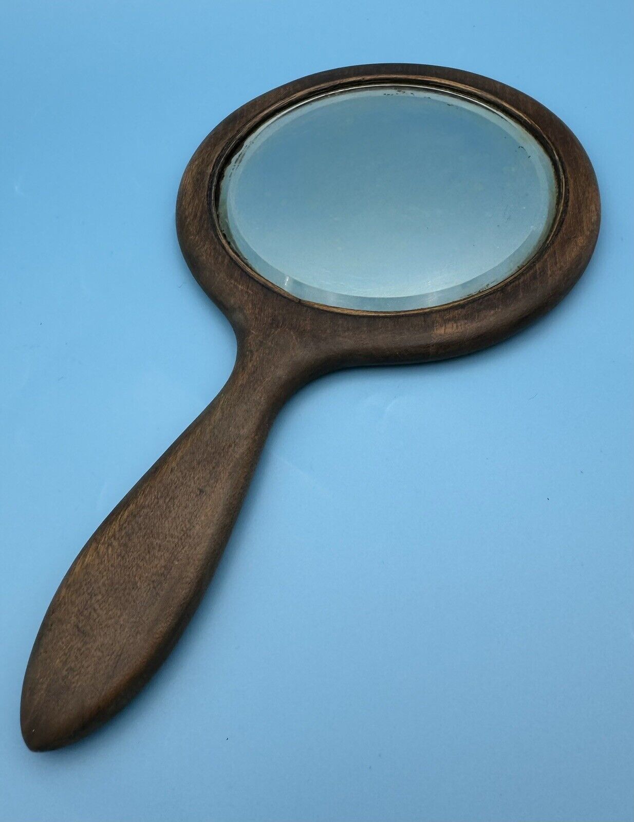 Vintage Hand Held Wooden Mirror with Beveled Glass