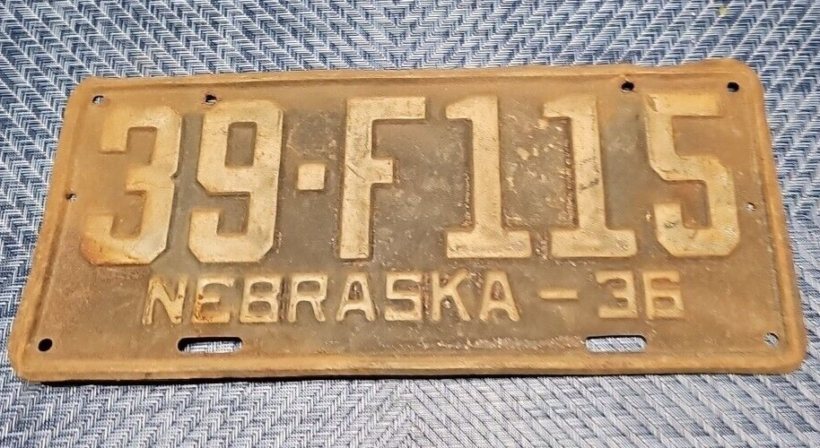 1936 Nebraska License Plate  39-F115 Mancave Decor Garage Art Craft