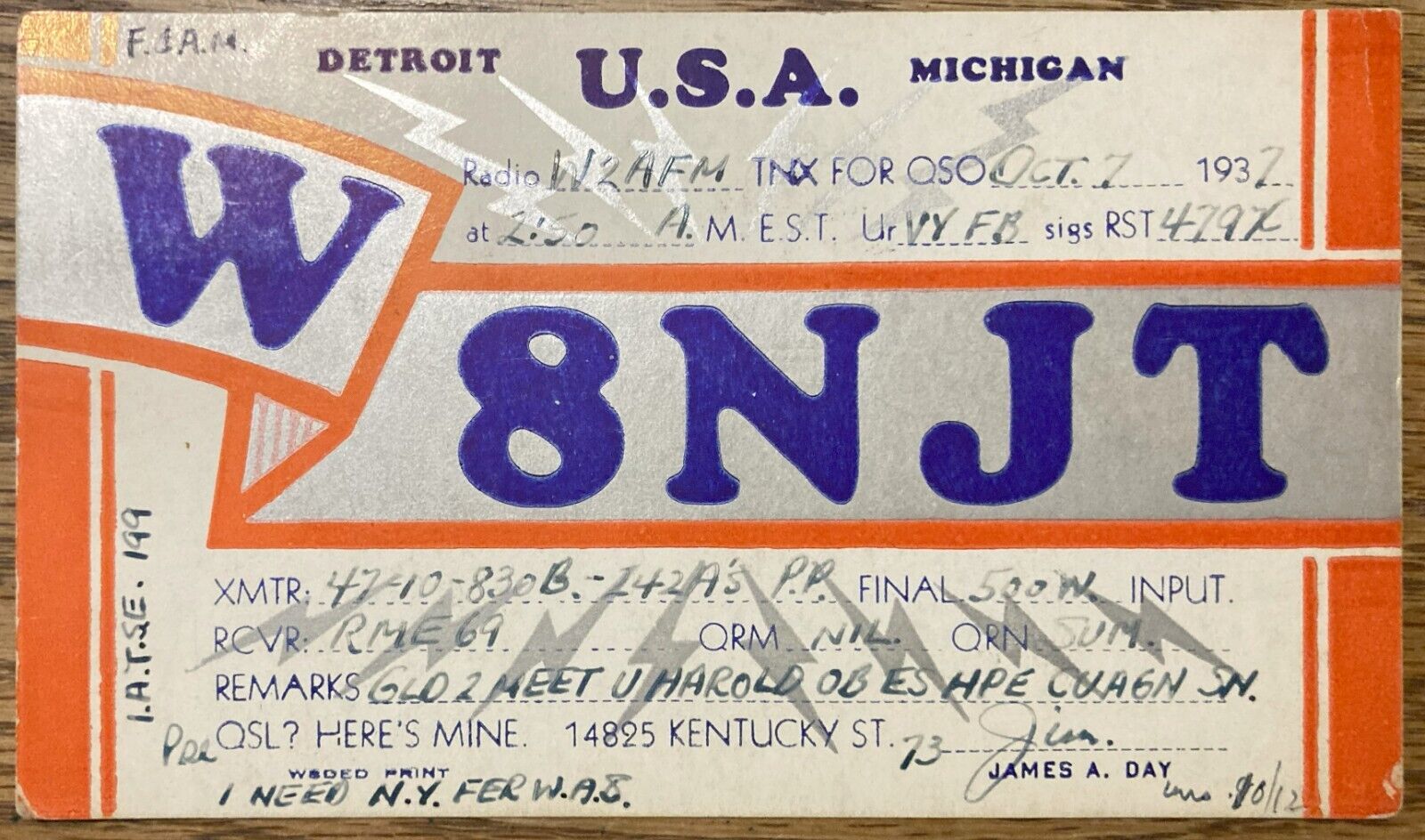 QSL Card - 1937 - Detroit, Michigan USA - W8NJT - James A. Day - Stamp
