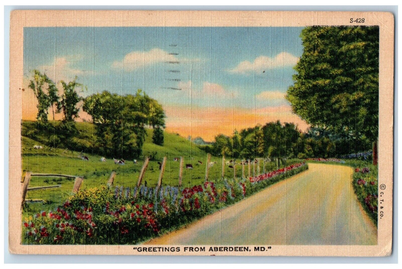 1943 Greetings From Aberdeen Garden Flower Road Field Barn Maryland MD Postcard