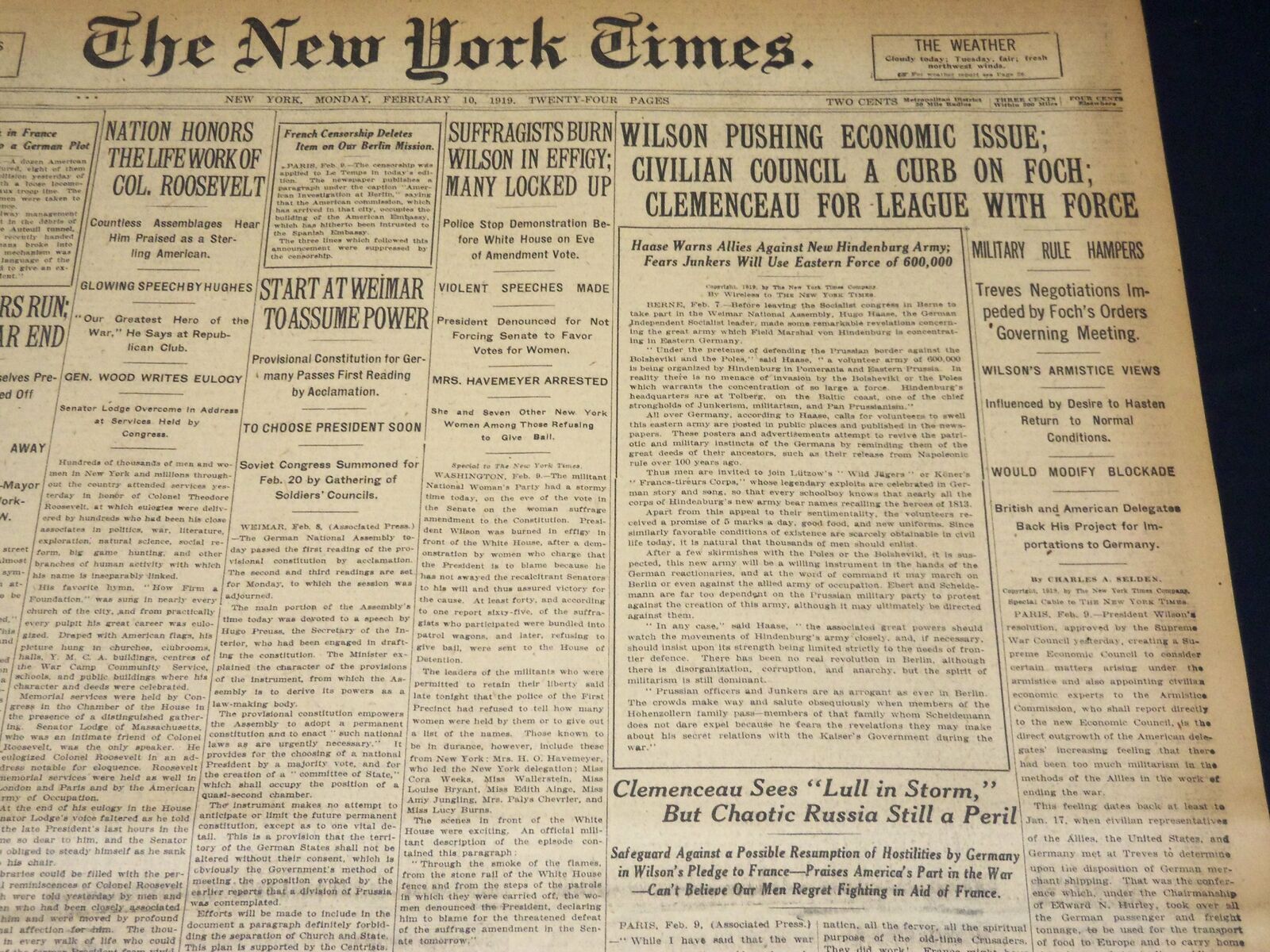 1919 FEBRUARY 10 NEW YORK TIMES - NATION HONORS LIFE WORK OF ROOSEVELT - NT 7963