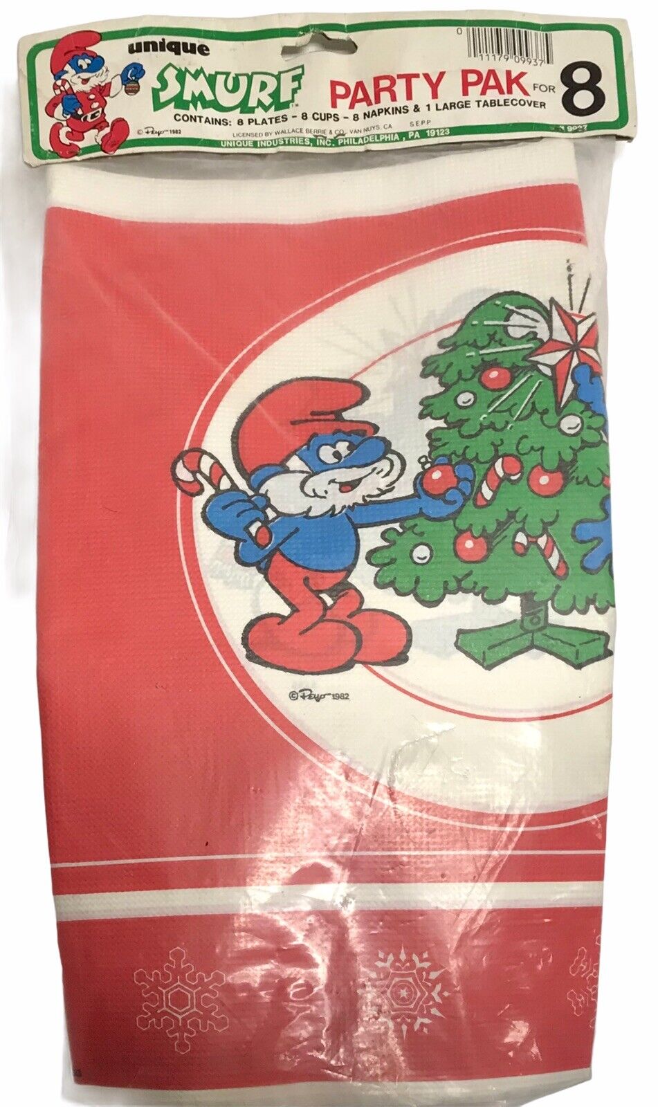 1982 - Smurf Christmas Party Pack Plates Cups Napkins Table Cloth 8 Each New