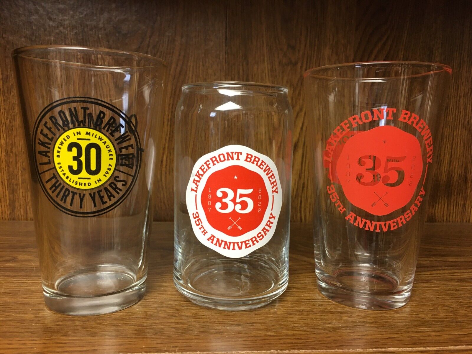 3 Lakefront Brewery in MKE Anniversary pint glasses: 30 years & (2) 35 years.