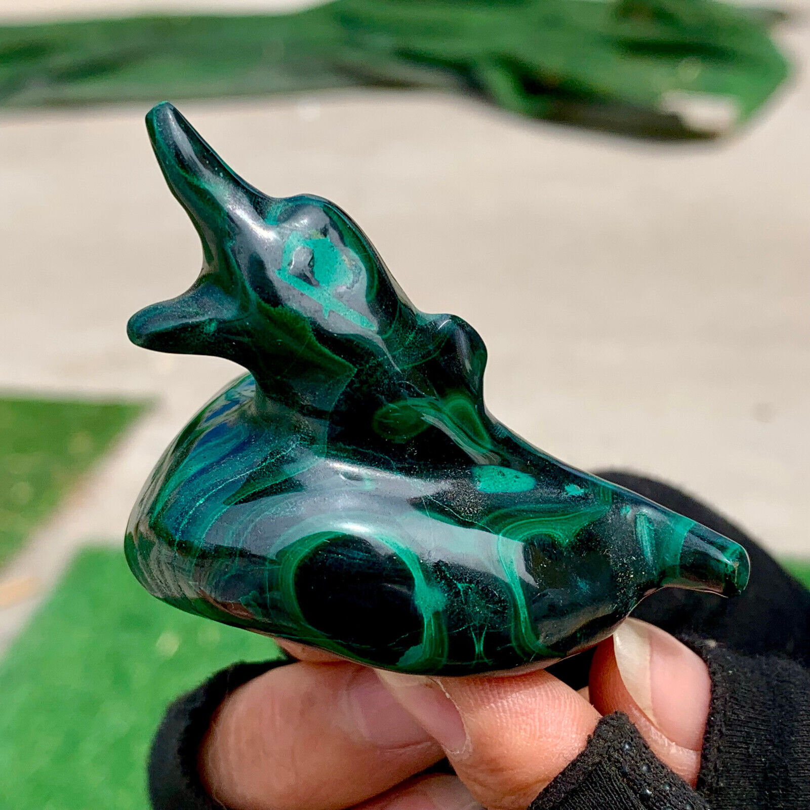 138G Natural glossy Malachite Crystal  Handcarved dolphin mineral sample