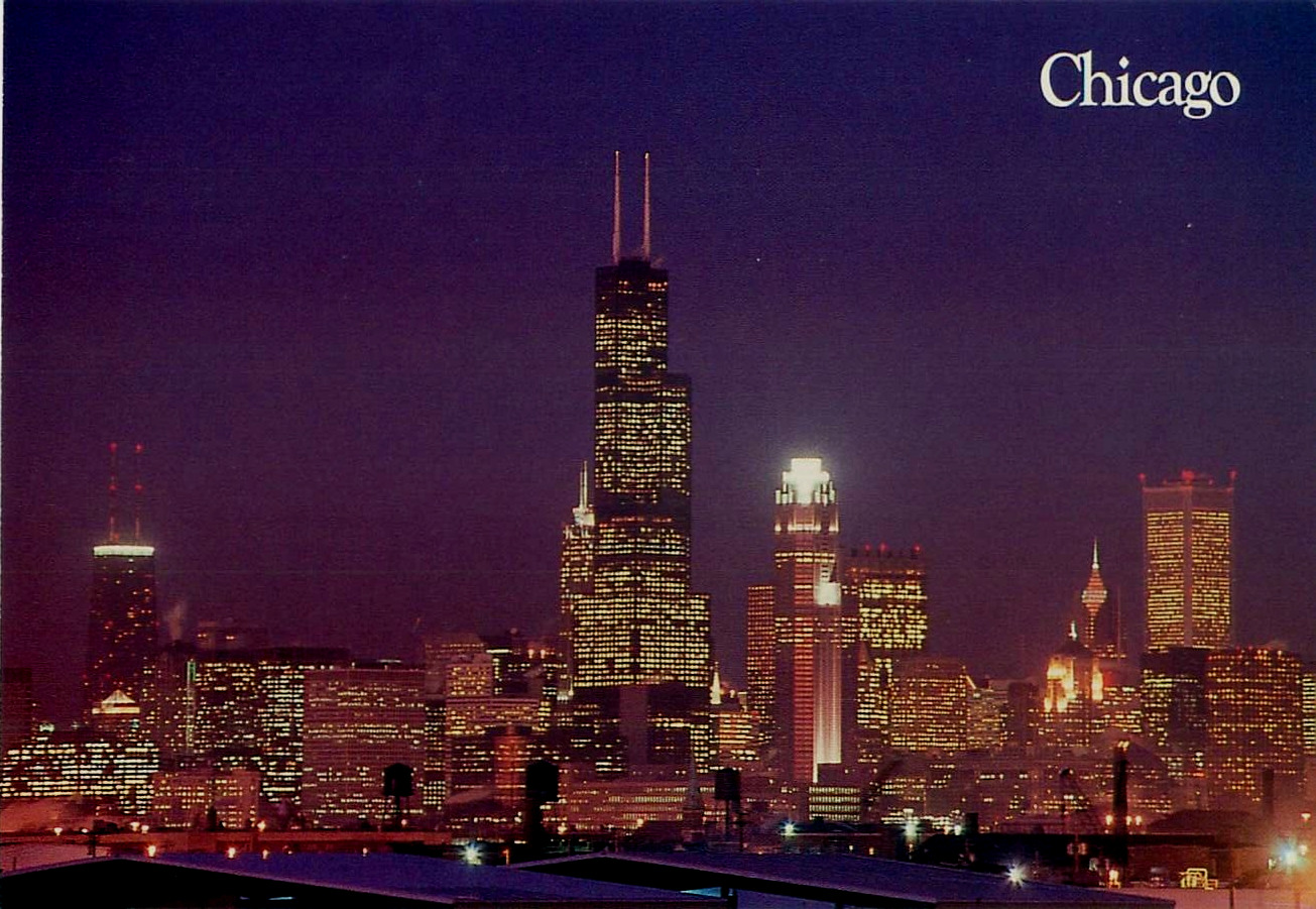 Aerial View Downtown Chicago Lit Up 6.5 X 4.5 Vintage 1990 Unposted Postcard