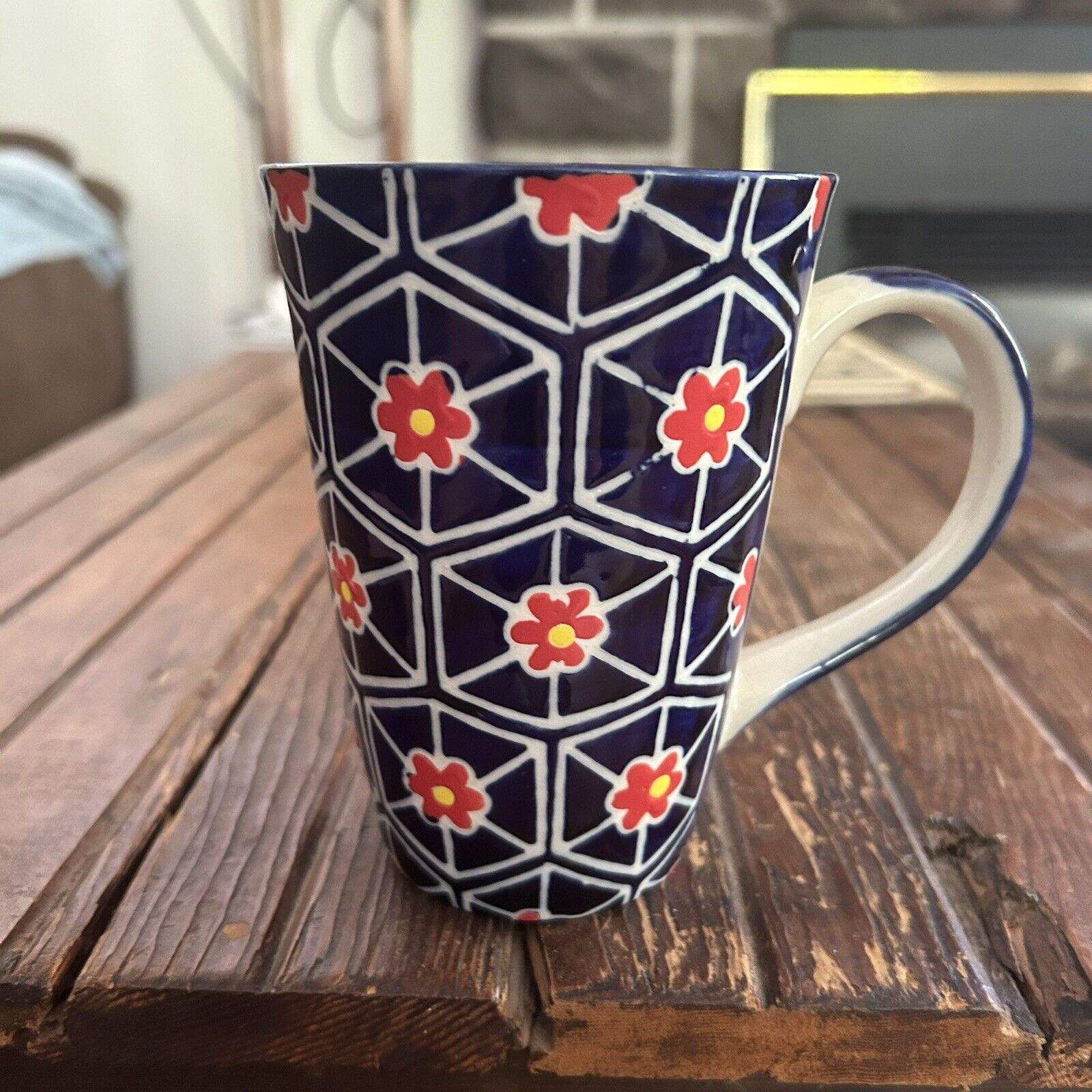 Yokohama Studio Hand Painted Coffee Mug Red Flower On Blue Geometric Floral