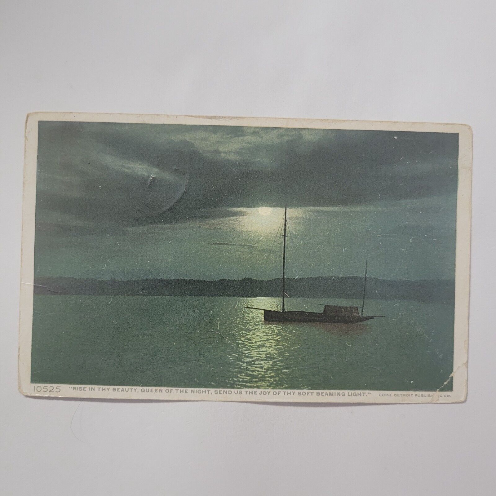 Moonlight Boat On Water Clouds In The Sky Soft Beaming Light Vintage Postcard