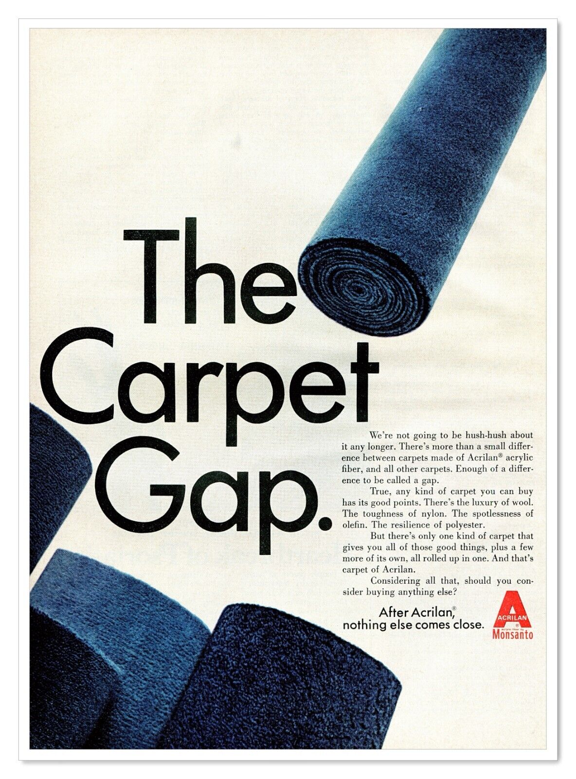 Acrilan Acrylic Carpets Monsanto Fibers Vintage 1968 Full-Page Magazine Ad