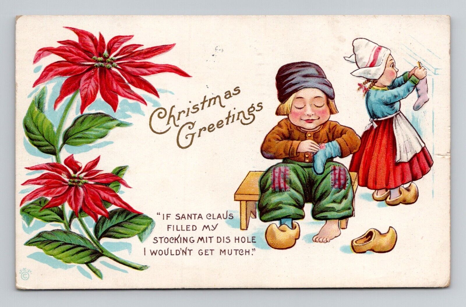 Postcard Christmas Greeting w/ Dutch Characters, Antique E18