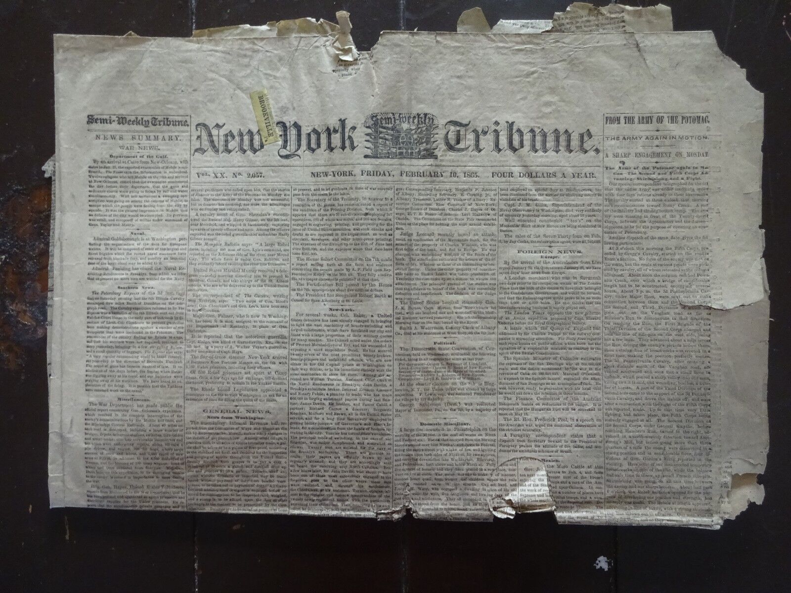 HISTORIC February 10, 1865 New York Tribune Civil War Newspaper