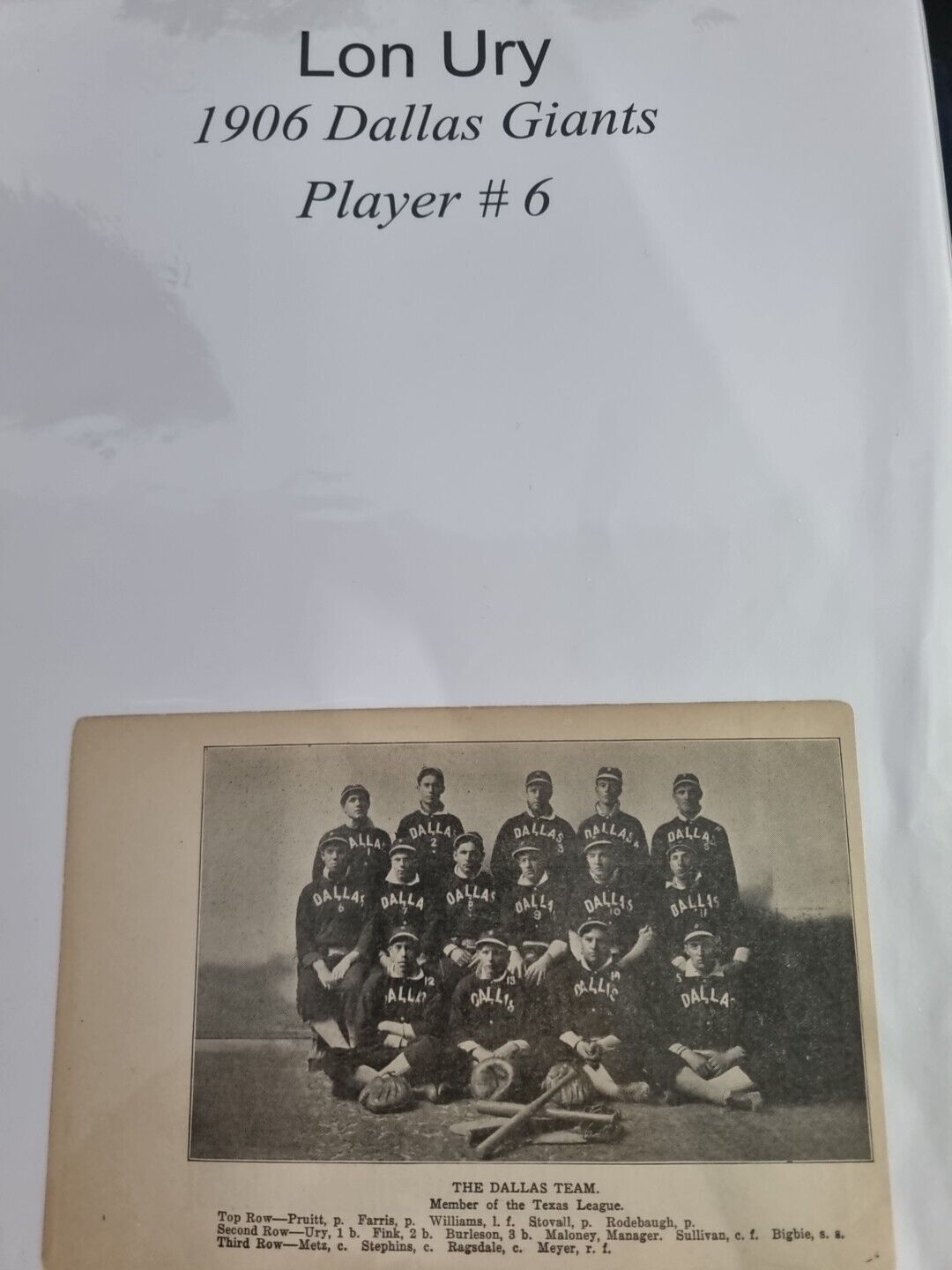 Lon Ury 1906 Dallas Giants Team Photo Vintage Newsp