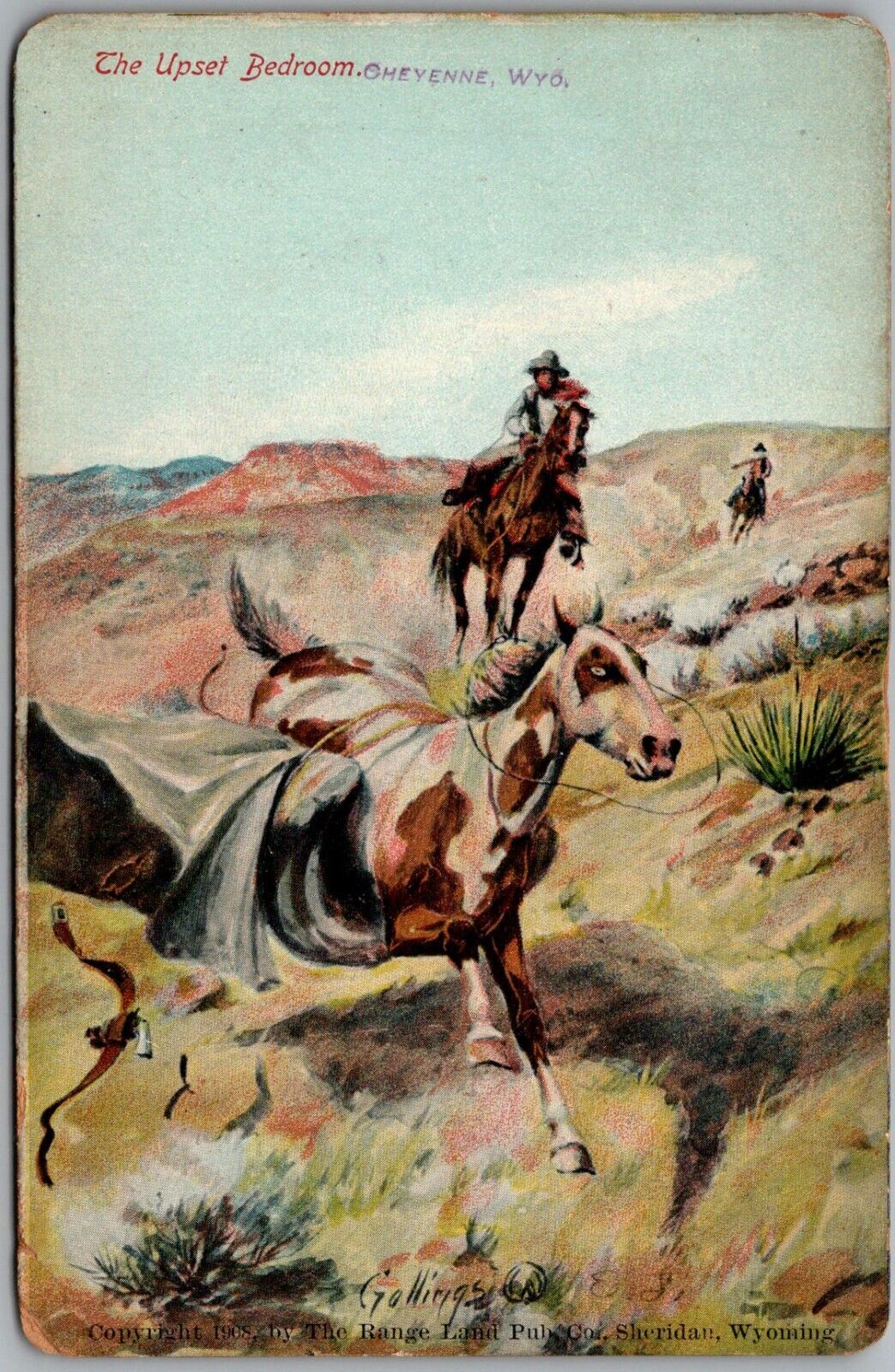 Postcard Upset Bedroom; Cheyenne, Wyoming 1908 Cowboy/Horses/Range Ft