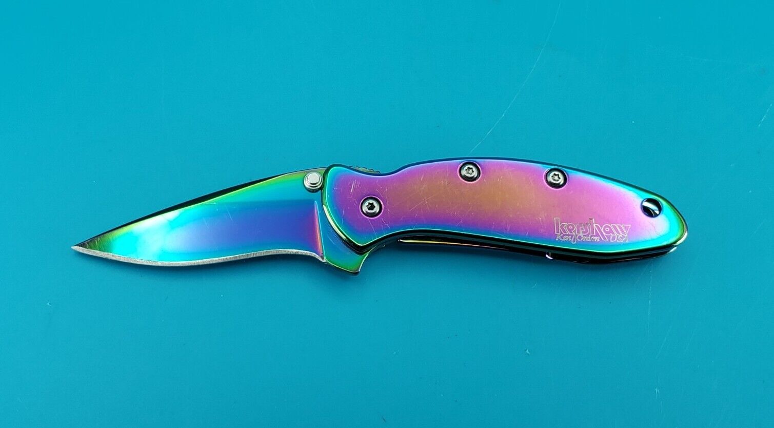 Kershaw Chive Rainbow 1600VIB Assisted Plain Edge Pocket Knife *BENT BLADE TIP*