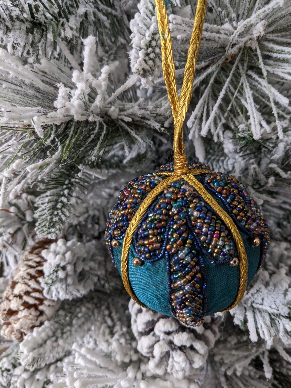 Satin Beaded Peacock Blue and Gold Christmas Ornament 4 inch