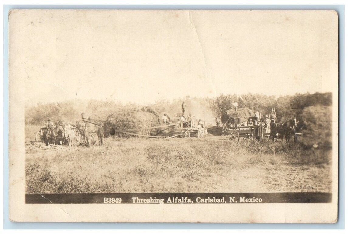 1913 Threshing Alfalfa Farming Equipment Carlsbad NM RPPC Photo Postcard