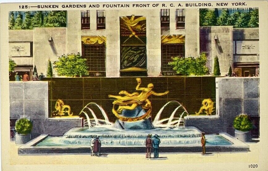 Sunken Gardens and Fountain Front of R.C.A. Building New York City NY Linen