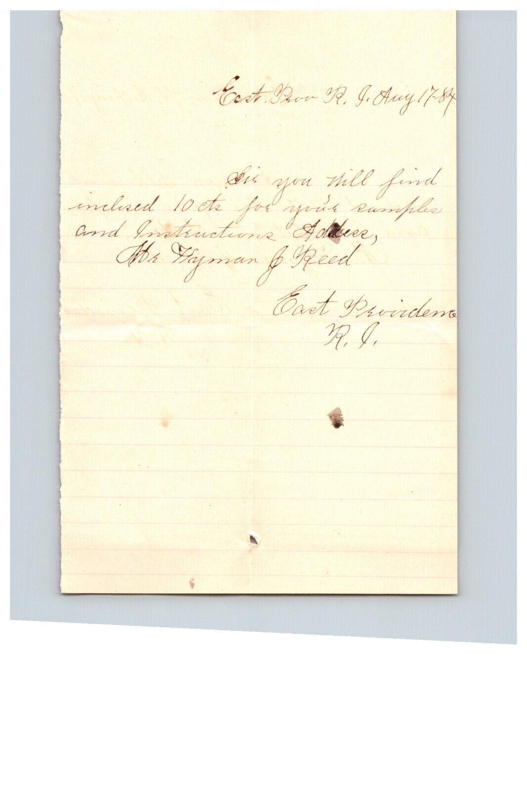 1884 Handwritten Letter Hayman J Reed East Providence RI Family Rhode Island