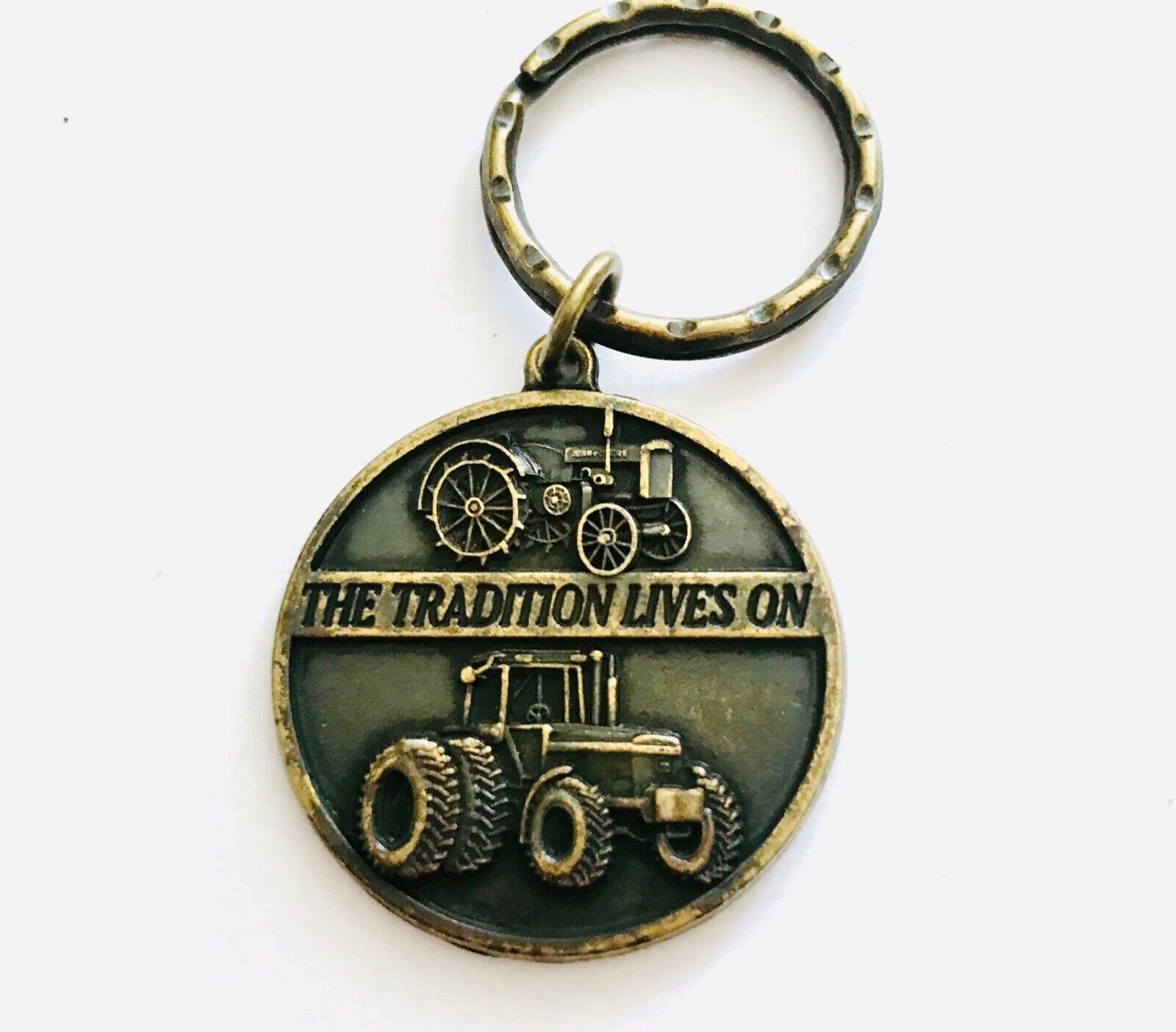 John Deere Waterloo Iowa Operations Brass Key Fob Keychain Tractors 1990 Vintage
