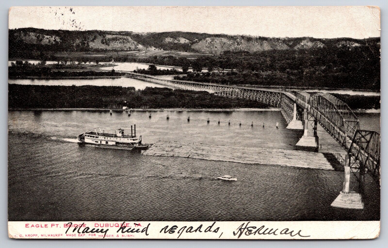 Dubuque Iowa~Birdseye Eagle Point Bridge~Steamer Sails Along~1906 Postcard