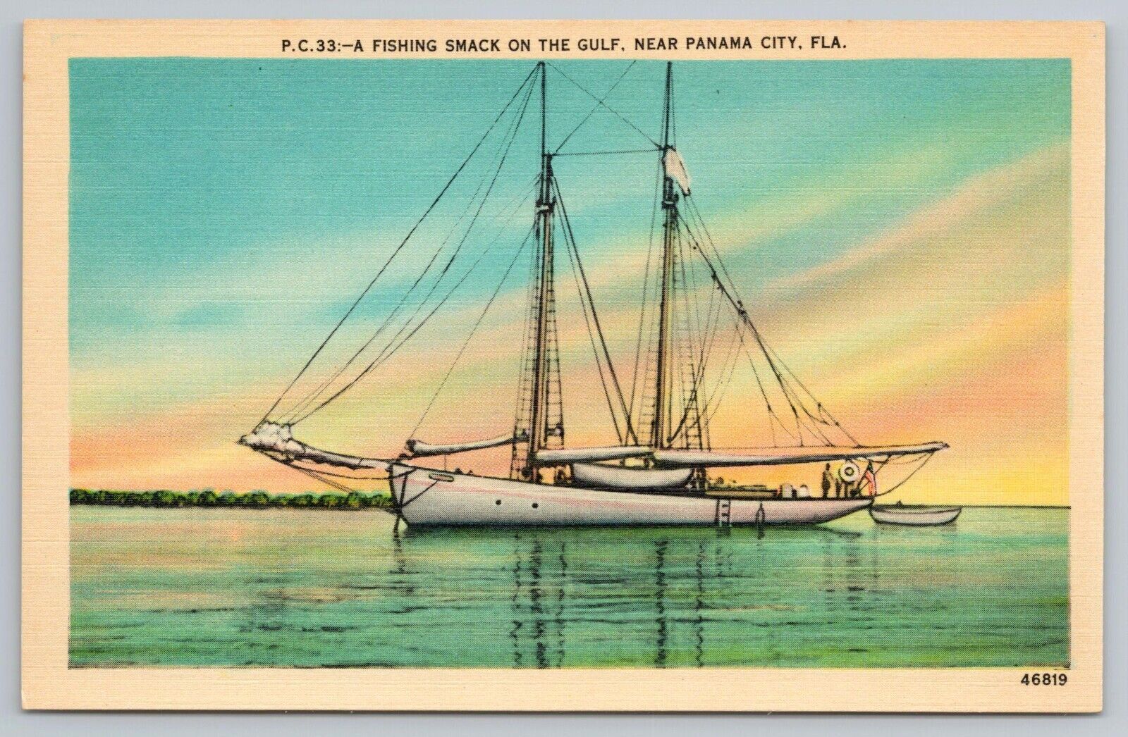 Fishing Smack Ship on the Gulf Panama City Florida FL Vintage Linen Postcard
