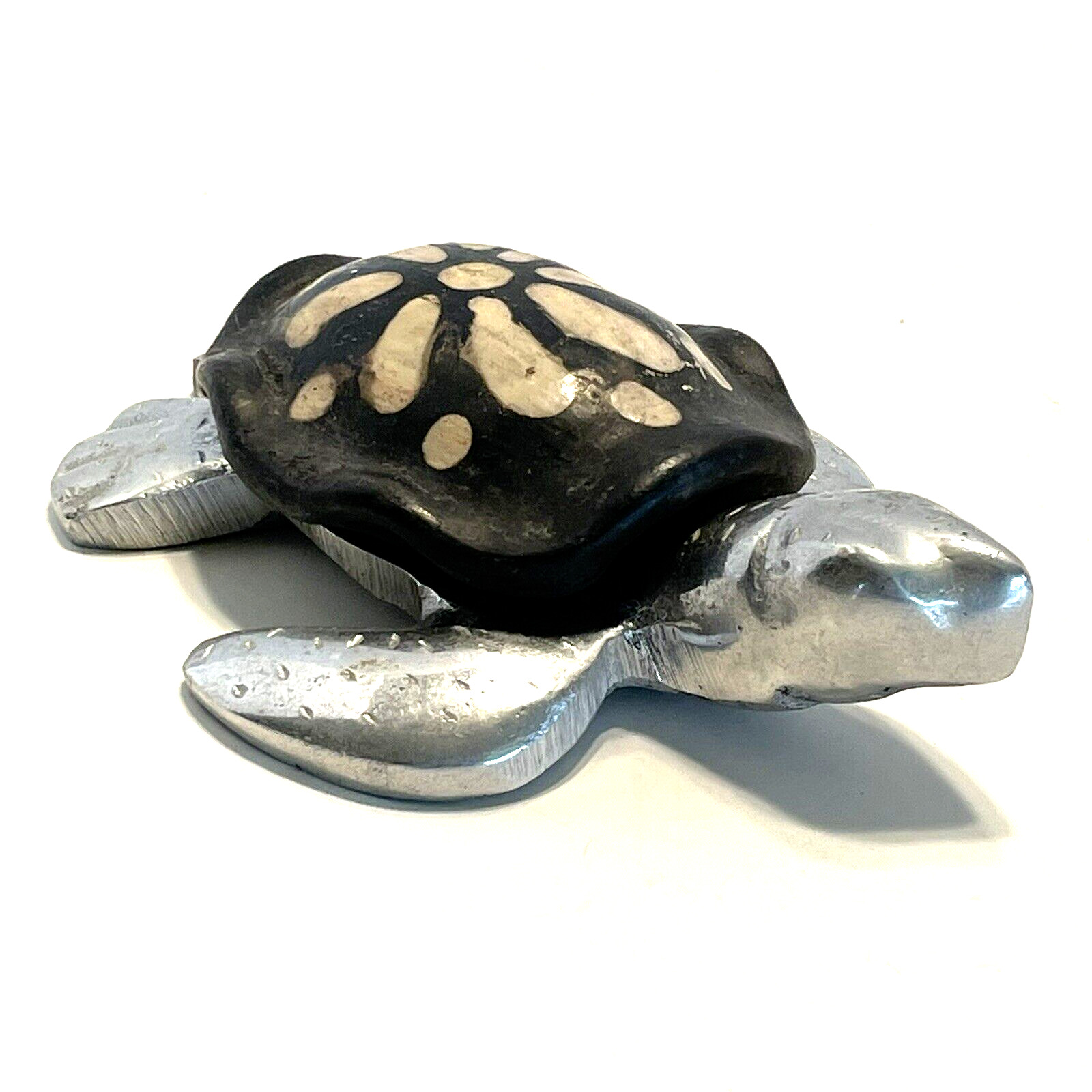 Vintage Turtle Figurine Silver Toned Metal & Ceramic Made in Honduras Dona Flora