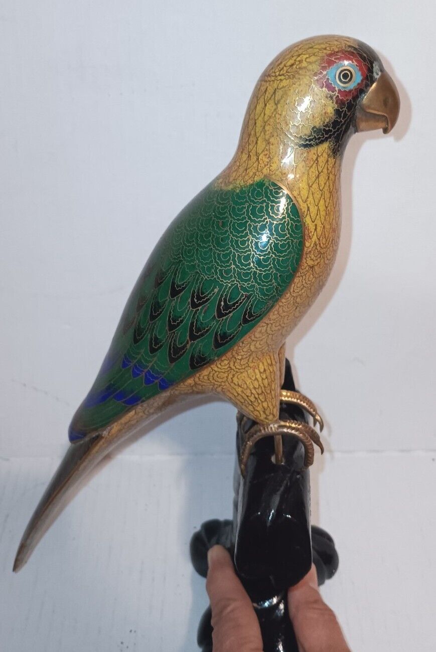 Vintage Chinese Cloisonne Parrot Statue Enamel Brass Macaw Bird Figure w Box