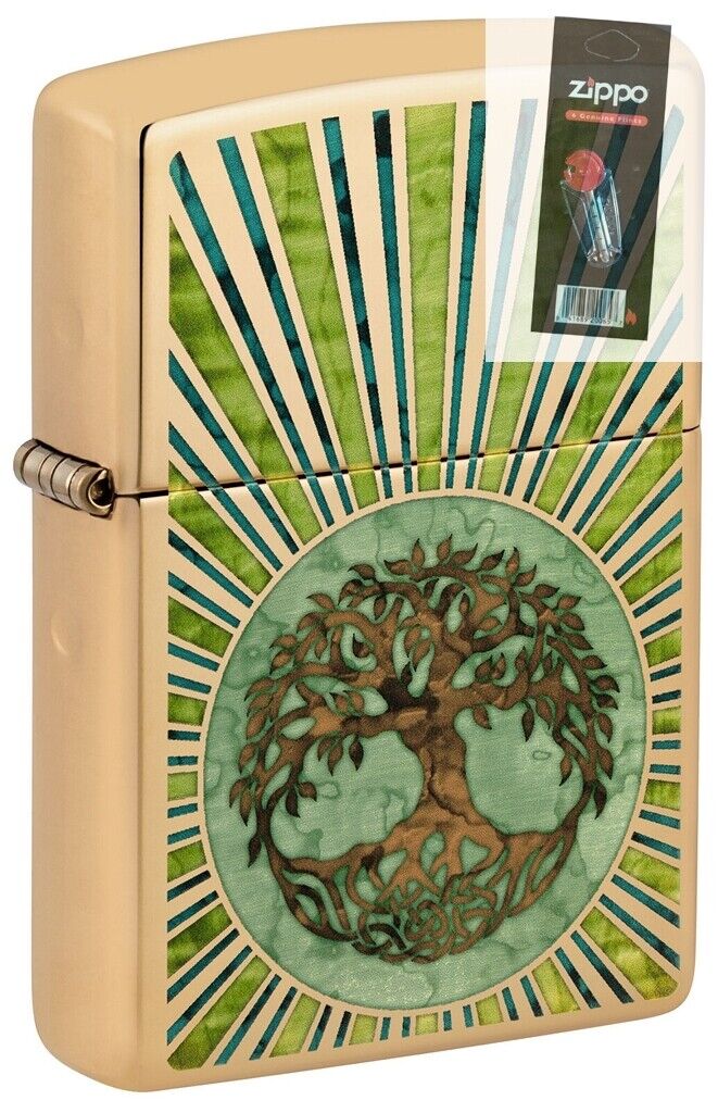 Zippo 48391 Fusion Tree of Life Design High Polish Brass Lighter + FLINT PACK