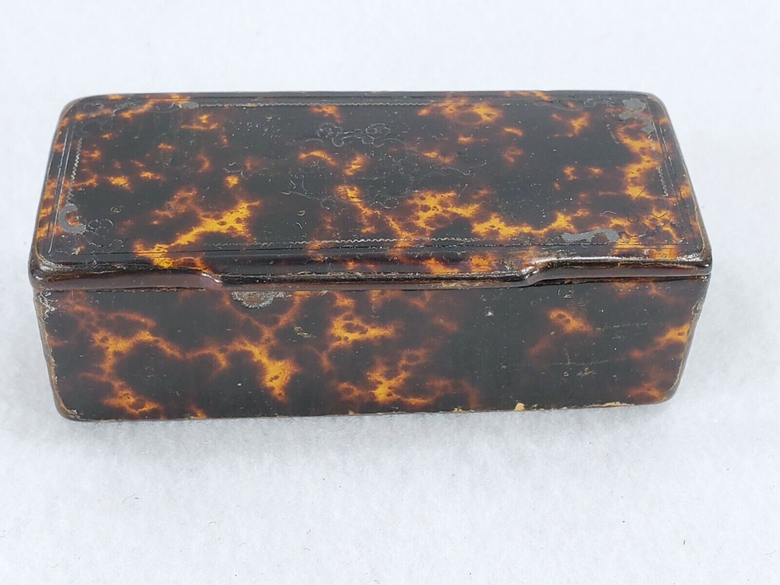 Antique Large Early Faux Tortoise Shell Paper Mache' Snuff Box with Hinged Lid 