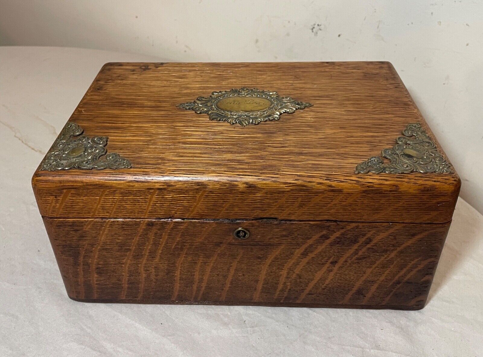 antique ornate 1800s handmade wooden oak bronze cigar tobacco humidor box casket
