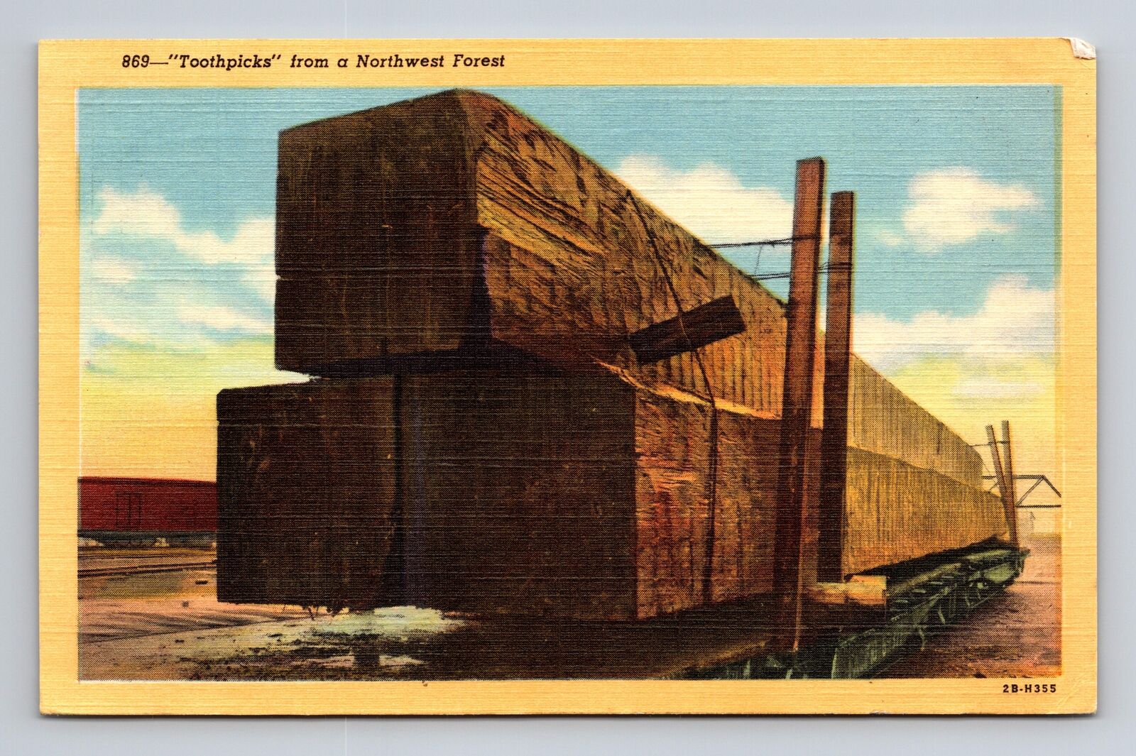 c1942 Linen Postcard Logging Toothpicks Northwest Forest